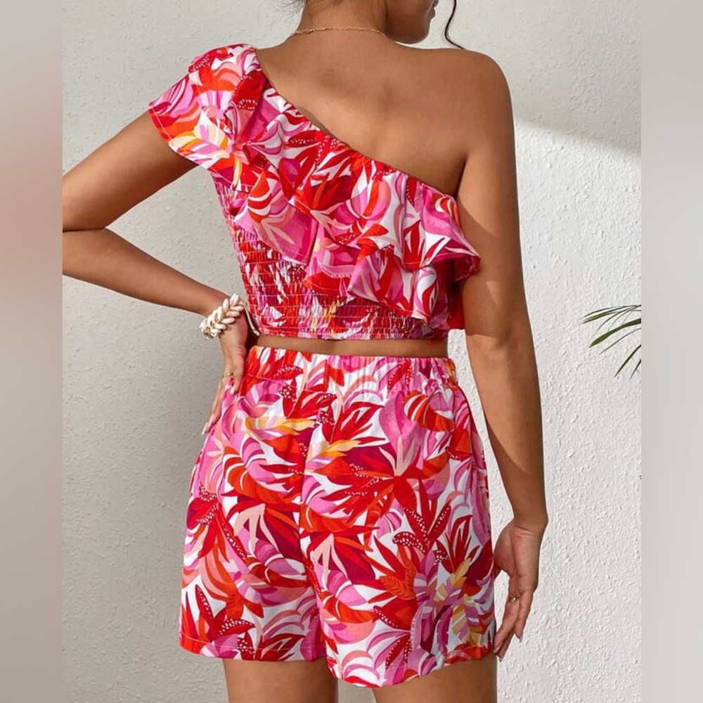 One Shoulder Pink & White Tropical Pattern coord set - Picture 3 of 6
